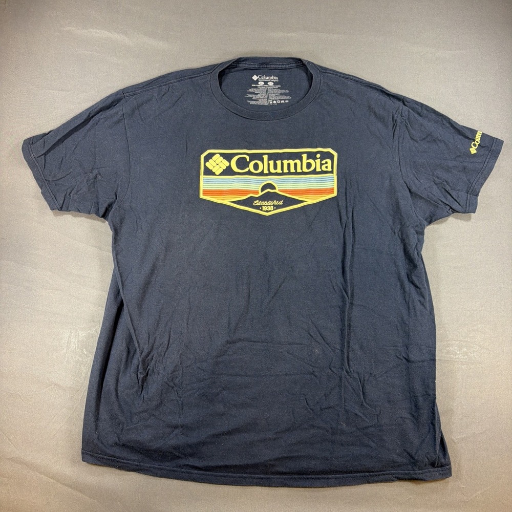 Columbia Blue Graphic Logo Crew Neck Short Sleeve Tee, Cotton Knit, Men's XL